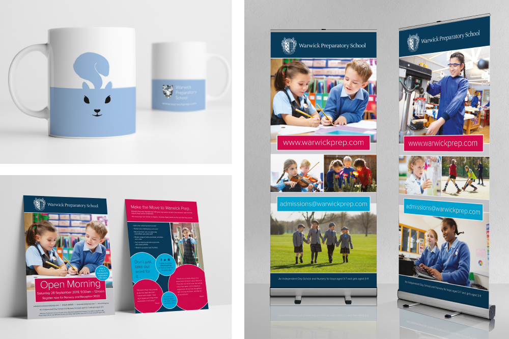 WARWICK PREP SCHOOL, MUGS, ADVERTISING, LEAFLETS, PULLUPS